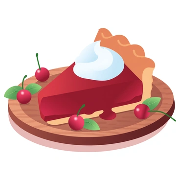 A slice of cherry pie sits on a rustic wooden plate. The pie has a golden-brown crust with a glossy red cherry filling that is slightly oozing from the edges. On top of the pie, there is a generous dollop of white whipped cream. The plate has a textured surface, enhancing the rustic feel. Surrounding the plate, there are scattered cherries and a few mint leaves for added color and decoration. The scene is illuminated with soft, warm light, highlighting the rich colors and textures of the pie and plate.