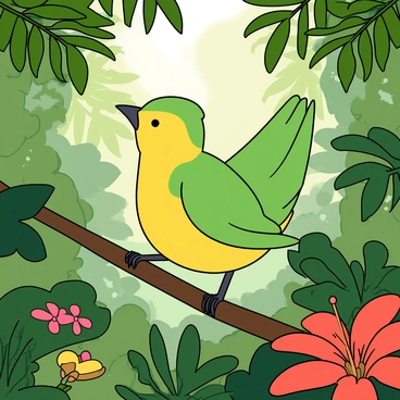 A small finch with bright yellow and green plumage is perched on a thin branch. Its wings are slightly spread, showcasing the vibrant colors. The background is a lush tropical rainforest filled with large green leaves and colorful flowers. Sunlight filters through the canopy, creating dappled light on the forest floor. There are hints of other birds and insects in the foliage, adding to the lively atmosphere.