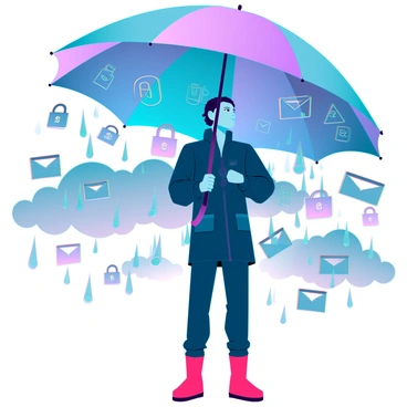 A large, colorful umbrella held by a person standing with a determined expression. The umbrella is open wide, shielding the person from a cascade of small, digital icons representing phishing attempts, such as padlocks, warning signs, and email symbols. The background features a stormy sky filled with dark clouds, symbolizing the threat of cyberattacks. The person, wearing a raincoat and boots, is looking up confidently as they are protected from the rain of phishing attempts.