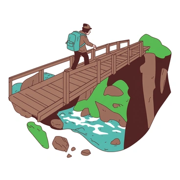 A sturdy wooden bridge stretches across a wide chasm, its planks worn from use. On the bridge, an adventurous traveler is making their way across, wearing a vibrant teal backpack and a brown coat. The traveler has one hand gripping the railing for support while the other is slightly raised as if adjusting a hat. Below the bridge, a rushing river can be seen, with rocks scattered along its banks. The chasm's steep walls are rugged and covered with patches of green vegetation, contrasting with the brown of the bridge.