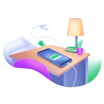 A smartphone resting on a wooden bedside table, connected to a charging cable. The screen of the smartphone glows softly, displaying the battery icon. Next to the smartphone is a cozy lamp with a warm light, casting a gentle glow over the table. There is a small stack of books beside the lamp, and a decorative plant in a pot adds a touch of greenery to the scene. The overall ambiance is inviting and comfortable.