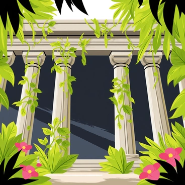 A mysterious ancient temple with intricate stone carvings, partially hidden among thick jungle vines and vibrant green foliage. The temple features tall, crumbling columns that are entwined with creeping plants. Sunlight filters through the leaves above, casting dappled shadows on the moss-covered stones of the temple’s facade. Brightly colored flowers peek through the undergrowth, adding splashes of color to the lush, dense environment surrounding the temple.