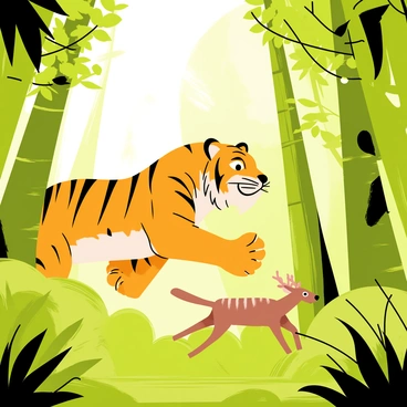 A tiger with orange and black stripes sprinting through a dense green forest. The tiger's muscles are tense and powerful, showcasing its fierce determination. It has a focused expression as it chases a small deer, which is bounding ahead through the underbrush. Sunlight filters through the tall trees, casting dappled shadows on the forest floor. Leaves and branches are slightly displaced as both the tiger and its prey move swiftly through the foliage.