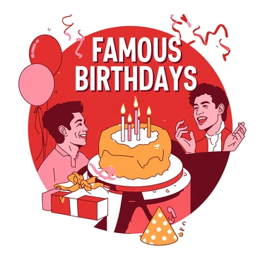 A red background features a large orange birthday cake with colorful candles on top, placed in the center. Surrounding the cake are illustrations of various celebrities, each depicted in a playful and cheerful manner. A famous singer with a bright smile is blowing out the candles, while a well-known actor stands beside, holding a colorful gift box wrapped in shiny paper. Another celebrity is laughing, wearing a party hat that is orange with white polka dots. Streamers and balloons in red and orange fill the background, creating an atmosphere of celebration. Above the cake, the words "Famous Birthdays" are displayed prominently in cheerful, bold letters.