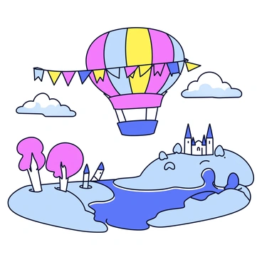 A whimsical airship with a rounded, balloon-like body in vibrant colors. The airship is adorned with an array of colorful flags fluttering from its sides. Below the airship, there is a fantasy landscape featuring rolling hills and whimsical trees with unusual shapes. In the distance, a castle with tall spires can be seen, surrounded by a shimmering river that reflects the sky. The sky is bright with fluffy clouds, enhancing the playful atmosphere of the scene.