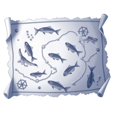 A treasure map designed with a pirate theme. The map features intricate, hand-drawn illustrations of fish scattered across it, marking the underwater paths leading to hidden treasures. The edges of the map are tattered and aged, suggesting it has been in use for many years. There are stylized compass roses and decorative elements such as anchors and skulls incorporated into the design. The overall appearance is reminiscent of an ancient nautical chart, with detailed contours of the ocean and marked locations for buried treasures.