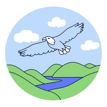 An eagle soaring with outstretched wings, showcasing its impressive wingspan. Below the eagle, a vast, rolling landscape stretches out, featuring green hills and a winding river. The sky is clear with a few fluffy white clouds scattered throughout. The eagle's sharp gaze is focused ahead, symbolizing clarity and broad vision.