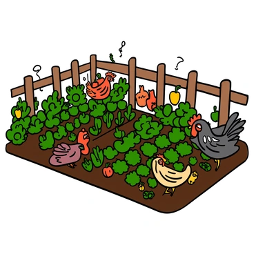 A lush vegetable garden with chickens wandering among the plants