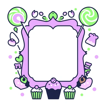 A sweet frame is shaped like an ornate rectangle. The frame is adorned with various candies and treats. On the top corners, there are vibrant lollipops with swirled patterns. The sides feature gummy bears in assorted shapes and colors, interspersed with chocolate bonbons. At the bottom, there are small cupcakes with icing, each topped with sprinkles. In the center area of the frame, there is a space reserved for adding text, surrounded by the delightful confectionery decorations.
