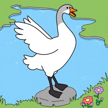 A graceful goose standing on one leg in a ballet pose, its wings slightly extended to the sides. The goose has glossy white feathers with touches of gray on its head and neck, and its orange beak is open slightly as if in mid-trumpet. It is positioned on a smooth rock at the edge of a clear blue lake, surrounded by patches of green grass. The water reflects the vibrant greenery and the blue sky above, creating a serene backdrop. Small ripples are present on the lake's surface, hinting at a gentle breeze. A few colorful flowers bloom nearby, adding pops of color to the scene.