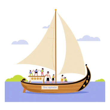 A vintage-style catamaran with two large, billowing sails unfurled is positioned gently on calm blue waters. The catamaran features a wooden hull with intricate carvings and a polished finish, reflecting the sunlight. A crew of cartoon-style adventurers in colorful clothing is actively adjusting the sails and navigating the vessel. The sky above is bright with a few fluffy white clouds, and distant green islands can be seen on the horizon, hinting at the exploration theme. "Classic exploration" is written on a decorative banner attached to the catamaran's stern.