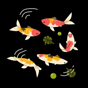 A group of koi fish swimming gracefully in a dark pond. The fish have vibrant colors, including orange, white, and black patterns on their scales. The water is calm, reflecting the soft glow of the moonlight above. Silvery ripples radiate from where the fish move, creating gentle waves on the surface. Lush green lily pads float nearby, adding to the peaceful ambiance of the scene.