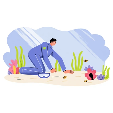 A diver wearing a bright blue wetsuit is resting on a shallow sandbank. The diver is kneeling on the soft, white sand with a snorkel mask and fins beside them. Surrounding the diver are various colorful marine plants swaying gently in the water. Small fish with vibrant scales swim near the sandbank, and a pair of clownfish can be seen darting in and out of an anemone nearby. Sunlight filters through the surface of the water, creating shimmering patterns on the sand below. The diver gazes intently at the scenery, appreciating the underwater life and its beauty.