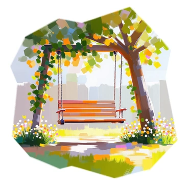 A backyard swing made of wood hangs from sturdy ropes, gently swaying in the breeze. The swing is draped with fragrant honeysuckle vines, their green leaves weaving around the structure. Bright yellow and white honeysuckle flowers bloom along the vines, adding pops of color. The swing is positioned under a large, leafy tree that provides dappled sunlight, creating a serene atmosphere. In the background, lush grass and vibrant wildflowers complete the idyllic setting.