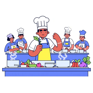 An adventurous chef with a tall white hat and a colorful apron is standing in a bustling kitchen. The chef has a focused expression while holding a fresh green herb in one hand and a vibrant red chili pepper in the other. Around the chef are various ingredients, including vegetables, spices, and cooking utensils neatly arranged on a countertop. Several pots are simmering on the stove, and steam is rising, adding a sense of activity to the scene. In the background, there are other cooks working energetically, creating a lively atmosphere.