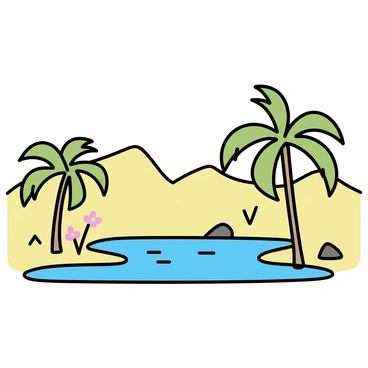 A small, lush oasis surrounded by golden sand dunes in a vast desert. The oasis features a calm pond with clear water reflecting the blue sky. Palm trees with green fronds are scattered around the pond, providing shade. Colorful wildflowers bloom in the sandy soil near the water's edge, adding vibrant spots of color. A few rocks are positioned around the pond, creating a natural border.
