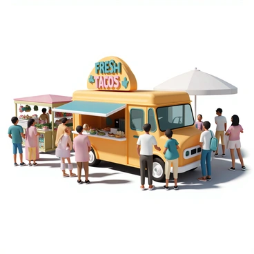 A yellow food truck with colorful decorations is parked at a bustling farmer's market. The truck has a large, vibrant sign displaying the words "Fresh Tacos" in bold lettering. People of various ages and backgrounds are lined up in front of the truck, eagerly waiting to place their orders. Fresh ingredients, such as tomatoes, lettuce, and avocados, are arranged on the counter, while the aroma of grilling meat fills the air. Several market stalls with fruits, vegetables, and handmade goods surround the food truck, adding to the lively atmosphere. Sunlight casts a warm glow over the scene, highlighting the excitement of the market.
