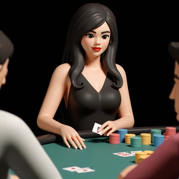 A woman, wearing a sleek black dress and red lipstick, sits confidently at a poker table. She has long dark hair styled elegantly and displays an enigmatic poker face. Surrounding her are vibrant stacks of colorful poker chips in various shades of red, green, blue, and yellow. The table is covered with a green felt surface, and the dim lighting casts soft shadows, highlighting the intensity of the game. A deck of cards lies face down in front of her, while her focused gaze remains locked on the players around her.