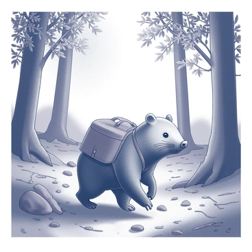 A wombat walking through a dense forest. The wombat is wearing a small, fitted backpack securely strapped to its back. Surrounding the wombat are tall trees with thick trunks and abundant foliage, creating a lush green environment. Sunlight filters through the leaves above, casting intricate shadows on the forest floor. The ground is covered in a mix of leaves, twigs, and small rocks, enhancing the natural setting. The wombat's ears are perked up, indicating curiosity as it navigates through the underbrush.
