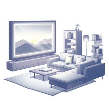 A living room scene featuring a large picture frame designed to resemble an old television set. The frame is rectangular with rounded edges, mimicking the shape of vintage TVs. It is mounted on a wall, showcasing a scenic landscape image inside. The surrounding decor includes a cozy sofa with patterned cushions, a wooden coffee table in front of it, and a plush rug on the floor. To the side, a tall bookshelf holds various books and decorative items. A warm glow emanates from a nearby lamp, enhancing the inviting atmosphere of the room.