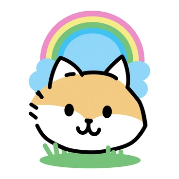 A fox face with bright orange fur, cheerful eyes, and a wide smile is sitting on a grassy patch. Above the fox, there is a vibrant rainbow arching across the clear blue sky, with distinct colors of red, orange, yellow, green, blue, indigo, and violet clearly visible. The sun shines brightly, illuminating the fox's facial features and casting soft shadows on the grass beneath.