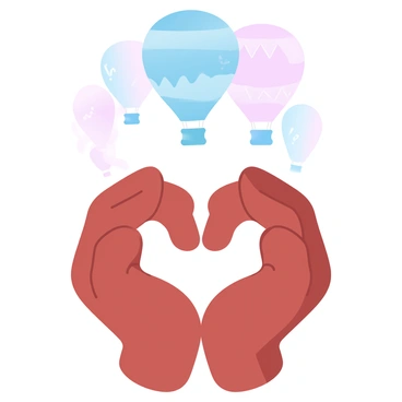 Two hands are positioned in a heart shape, with fingers elegantly curved to form the outline. Above the hands, several colorful hot air balloons are ascending into the sky, each balloon featuring unique patterns and designs. The background is filled with a soft gradient of pastel colors, transitioning smoothly from light pink to pale blue, creating a serene atmosphere. The scene captures the whimsical moment as the balloons float upward, providing a joyful contrast to the heart formed by the hands below.