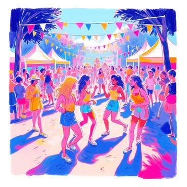 Young adults dancing and having fun at an outdoor music festival with colorful banners