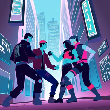 Two rival gangs are engaged in a fierce confrontation in a neon-lit alleyway. Members of one gang are wearing black, leather jackets adorned with glowing, circuit-like patterns, while the other gang sports brightly colored, asymmetrical outfits with technological accessories. The alleyway is lined with towering, illuminated advertisements and graffiti that shines under the fluorescent lights. In the background, a skyline of futuristic skyscrapers looms, their windows flickering with colorful lights. The atmosphere is charged with tension as both gangs face off, their expressions fierce and ready for battle.