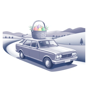 A car with a giant Easter basket on its roof, traveling through the countryside