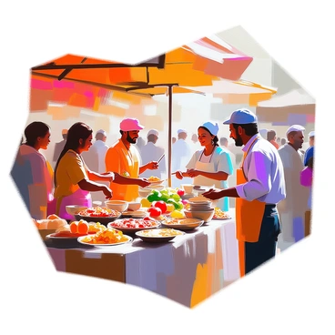 A vibrant market scene filled with diverse people exchanging an array of foods and handcrafted items from their native cultures. Stalls are adorned with colorful fabrics, displaying fresh fruits, vegetables, and various spices. Some vendors are showcasing handmade jewelry and intricate pottery, while others prepare traditional dishes, filling the air with enticing aromas. People of different ethnicities engage in lively conversations, sharing smiles and laughter as they browse through the unique offerings. Sunlight filters through the canopies, illuminating the joyful atmosphere of cultural exchange.