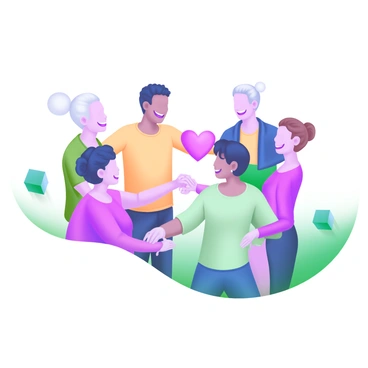 A modern pastel illustration showing a group of diverse individuals standing in a circle, each person holding hands. The individuals vary in age, gender, and ethnicity, representing a colorful tapestry of community. Each person has a warm smile, and they are dressed in casual, vibrant clothing. In the center of the circle, there is a small heart symbol, emphasizing unity and connection. Surrounding the circle are simple, soft shapes in pastel colors, enhancing the feeling of togetherness and inclusivity.