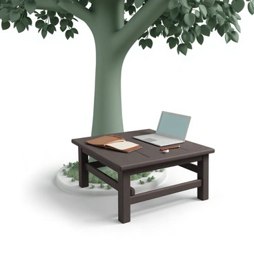 An outdoor workspace set under a tree, with a laptop and a notebook on a rustic table.