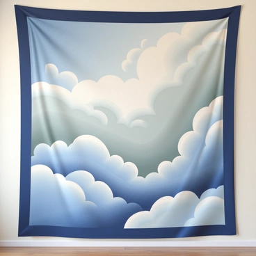 A decorative tapestry hangs on a wall, featuring a large, intricately designed occluded front. The tapestry showcases swirling cloud patterns in shades of blue, gray, and white, creating a sense of movement. The clouds are depicted in a rich texture, with some areas appearing fluffy while others are more streamlined. The edges of the tapestry are adorned with a subtle border of deep navy, enhancing the overall design. The tapestry is illuminated by soft lighting, which highlights the details of the cloud patterns and the overall craftsmanship.