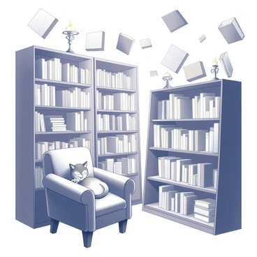 A cozy bookshop filled with various books arranged on wooden shelves. Several books are floating mid-air, creating a whimsical atmosphere. Soft, warm lighting is emanating from ornate fixtures placed around the shop, casting gentle shadows. A plush chair is situated in a corner, and a cat is peacefully napping on it, curled up with its tail wrapped around its body. The scene invites a sense of tranquility and warmth.