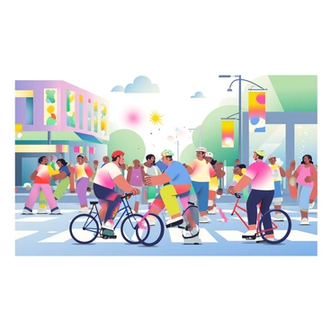 A busy crossroad is filled with cyclists and pedestrians celebrating Holi. Cyclists wearing helmets and colorful clothing are riding their bikes, splattered with bright pink, blue, and yellow powders. Pedestrians are walking along the streets, laughing and smiling, their clothes vibrant with a mixture of colors. Some are throwing colored powders into the air, creating a cloud of hues in the sunlight. The background features buildings with colorful banners and decorations that enhance the festive atmosphere. The scene captures the energy and joy of the celebration, highlighting the interaction between the cyclists and pedestrians.