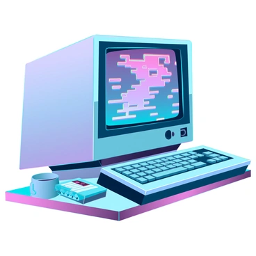 An old computer with a glitchy screen displaying abstract vaporwave patterns