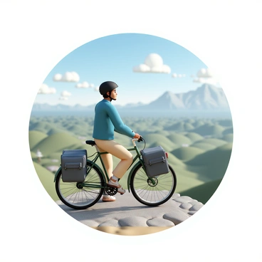 A traveler is riding a bicycle adorned with two large panniers on either side. The traveler is wearing a blue jacket, beige hiking pants, and a black helmet. The bicycle is parked at the edge of a rocky cliff, overlooking a breathtaking vista of rolling green hills and a distant mountain range. The sky above is clear with a few fluffy white clouds. The traveler is standing beside the bicycle, gazing out at the view, with a look of awe on their face. Sunlight casts a warm glow over the landscape, highlighting the vibrant colors of nature.