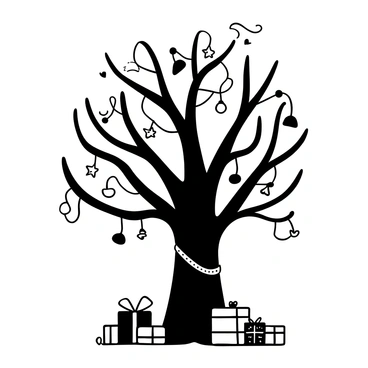 A large tree with a thick trunk and sprawling branches stands prominently. It is adorned with numerous ornaments, including stars, bells, and ribbons, hanging from its limbs. Black and white lights are wrapped around the branches, illuminating the scene. The base of the tree is surrounded by neatly arranged gifts, some wrapped in decorative paper and tied with bows. Scattered around the ground are small decorations, completing the festive atmosphere.