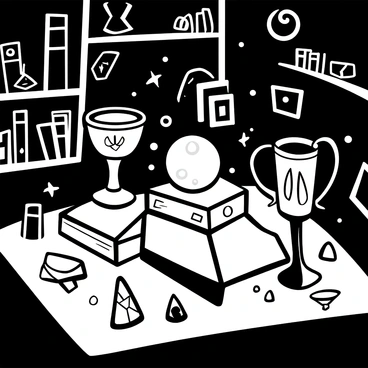 A collection of various magical artifacts arranged on a glowing table. The artifacts include an ornate crystal ball, a weathered spellbook, a silver chalice with intricate engravings, and several shimmering gemstones. The table emits a soft light, illuminating the nearby surfaces. The surrounding room is dimly lit, with shadows cast by the artifacts, creating an air of mystery. Shelves lined with old, dusty tomes and peculiar objects are visible in the background.