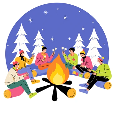 A cozy bonfire with bright orange flames at the center, surrounded by a circle of friends sitting on logs and blankets. Each friend is dressed in winter clothing, such as colorful hats and scarves. Snow-covered trees rise in the background, their branches laden with white snow. The night sky above is deep blue, dotted with twinkling stars. Some friends are roasting marshmallows on sticks, while others are laughing and sharing stories, creating a warm, inviting atmosphere.