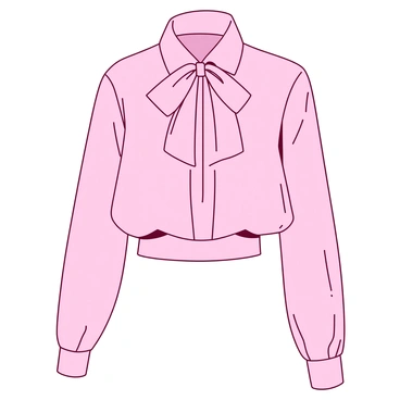 A soft pastel blouse with a large bow tie at the collar is displayed on a white background. The blouse features long sleeves, and the fabric has a slight sheen, reflecting light delicately. The bow tie is prominently tied at the neck, with the ends cascading down in a stylish manner. The blouse is neatly tucked into a pair of high-waisted trousers, creating a fashionable and polished look.