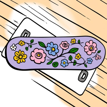 A skateboard deck lying flat on a wooden surface, displaying intricate floral patterns in pastel colors. The floral designs feature delicate roses, daisies, and vines, all intertwined in a harmonious composition. The background of the skateboard deck is a soft lavender hue, enhancing the pastel colors of the flowers, which include light pinks, soft blues, and gentle yellows. The edges of the skateboard are slightly worn, adding a touch of realism to the scene.