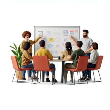 A diverse group of five individuals gathered around a large whiteboard in a creative workspace. The group includes a woman with curly hair and glasses, a man with short hair and a beard, a woman with straight hair tied back, a man with an undercut hairstyle, and a woman with long braids. They are engaged in a brainstorming session, pointing at various notes and diagrams on the whiteboard. The whiteboard features colorful charts, bullet points, and doodles. The background displays modern furniture, potted plants, and bright lighting that creates a vibrant atmosphere.