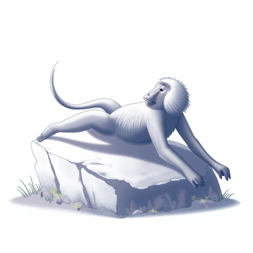 A baboon is stretching out on a rock that is illuminated by sunlight. The baboon's arms are extended outward, showcasing its long limbs and strong physique. Its fur is tousled, emphasizing the relaxed posture. The rock is rough and uneven, providing a natural texture in the scene. Surrounding the rock, there are sparse patches of greenery, adding contrast to the scene. The setting suggests a warm, tranquil environment, with the baboon clearly enjoying its leisure time under the sun.