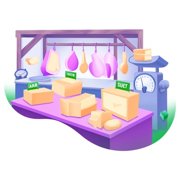 A modern pastel illustration showing a butcher shop interior filled with various types of animal fats. On a wooden display counter, there are neatly arranged portions of lard, tallow, and suet, each labelled clearly. Behind the counter, there are hanging animal fat cuts, including sections of pig and beef fat. The walls of the shop are adorned with rustic wooden beams, and there's a vintage scale on one side. Warm light illuminates the scene, highlighting the textures of the fats.