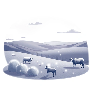 A farm with glowing plants and robotic animals in a landscape of rolling hills and a bright sky.