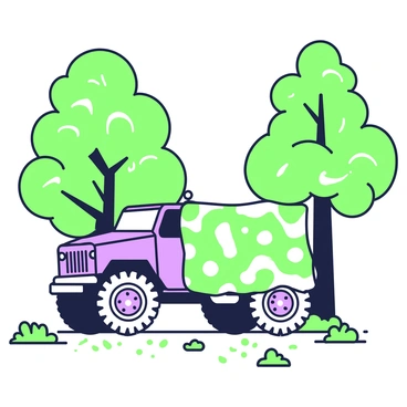 A military vehicle is positioned in a forest clearing, partially obscured by camouflage netting draped over its surface. The vehicle appears rugged and utilitarian, featuring large wheels and a compact body. Surrounding the clearing, tall trees with dense foliage provide a natural concealment, casting dappled shadows on the ground. Sunlight filters through the leaves, creating a speckled pattern on the forest floor. Small patches of grass and underbrush are visible around the vehicle, enhancing the sense of its hidden presence in the natural environment.