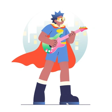 A young person with short, spiky blue hair is standing confidently in a dynamic pose, dressed as a superhero. They are wearing a colorful superhero costume featuring a bright red cape, a blue bodysuit with a yellow emblem on the chest, and high-top black boots. In their hands, they are wielding an electric guitar, styled to resemble a weapon with sharp edges and vibrant colors. Behind them, a faint city skyline is visible, adding context to their heroic stance. The superhero is looking towards the horizon with determination, ready to embark on an adventure.