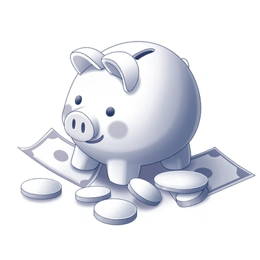 A cheerful piggy bank with a smiling face and a rounded body sits at the center of the image. It is surrounded by various coins scattered around its base, glinting in the light. Nearby, several dollar bills are crumpled and laid out around the piggy bank, some partially tucked under the coins. The piggy bank features a slot on top, indicating it is ready to accept more coins.
