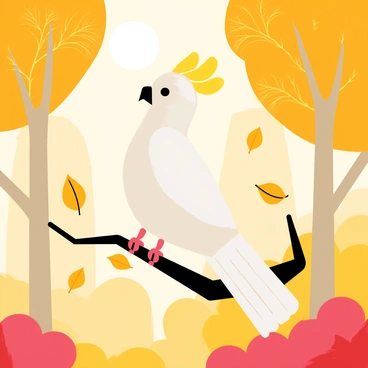 A cockatoo amidst falling autumn leaves in a golden forest